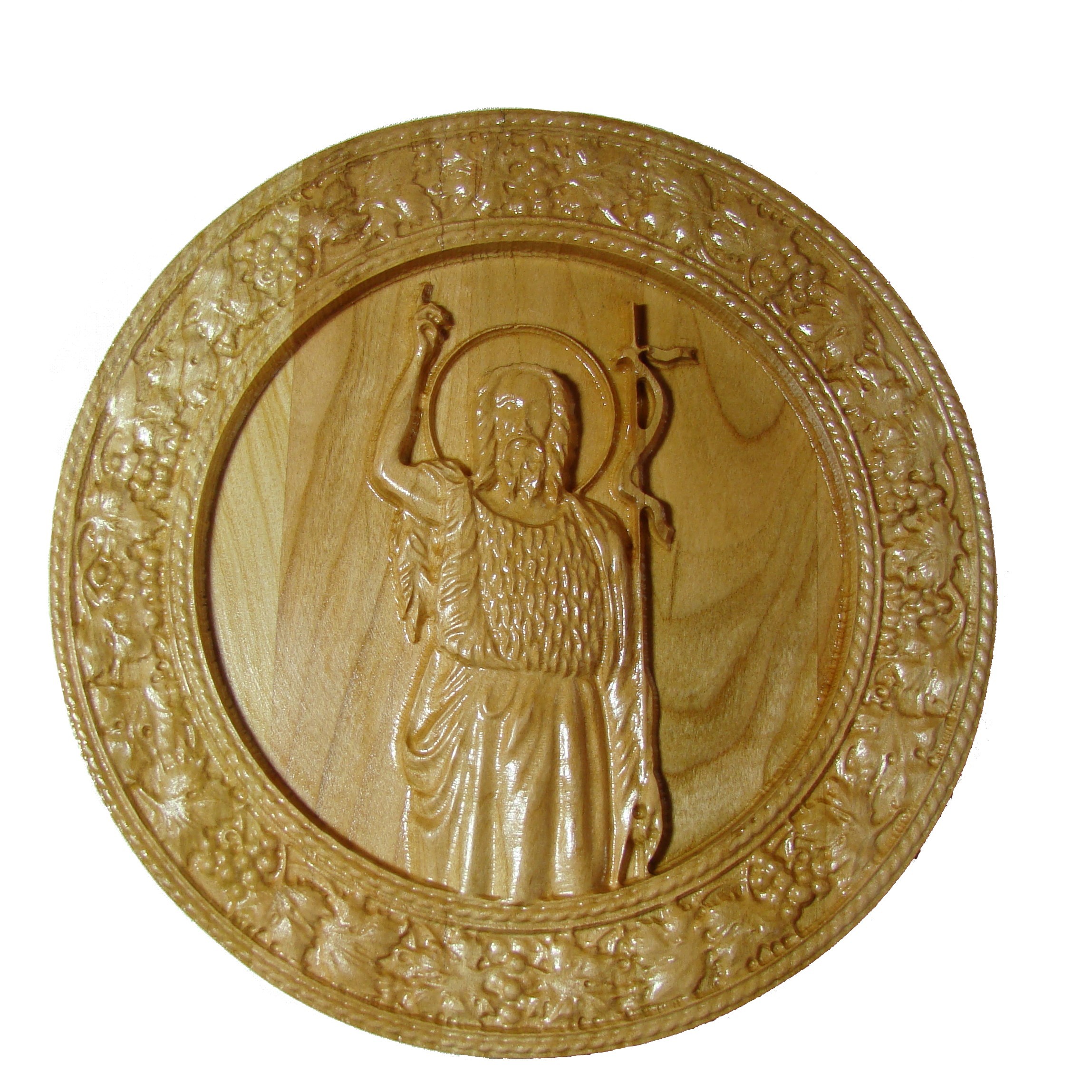 Icoana sculptata Sfantul Ioan Botezatorul, lemn masiv, cires salbatic, rama circulara vita-de-vie, diametru 19.5 cm