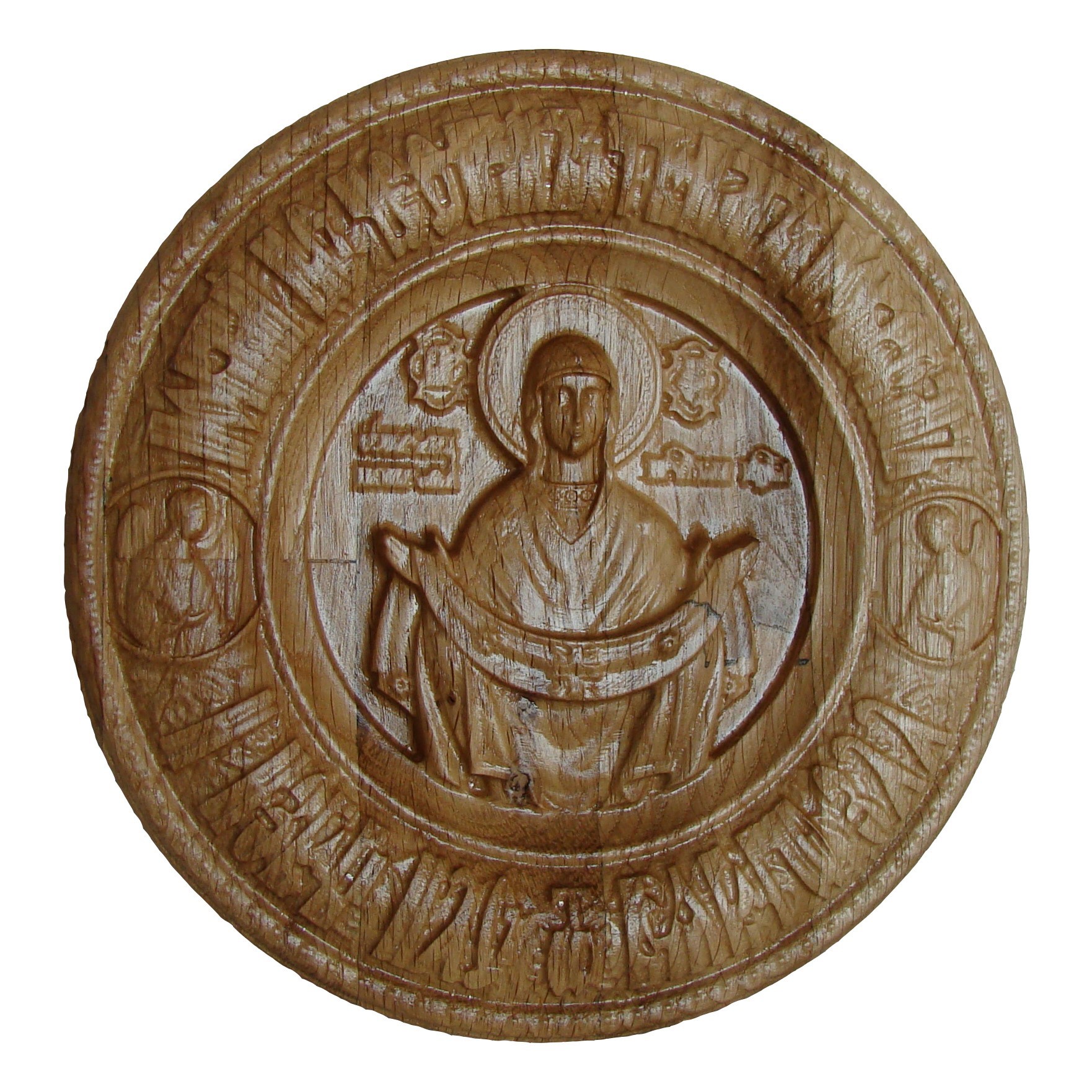 Icoana sculptata Sfantul Acoperamant, lemn masiv, diametru 17.5 cm