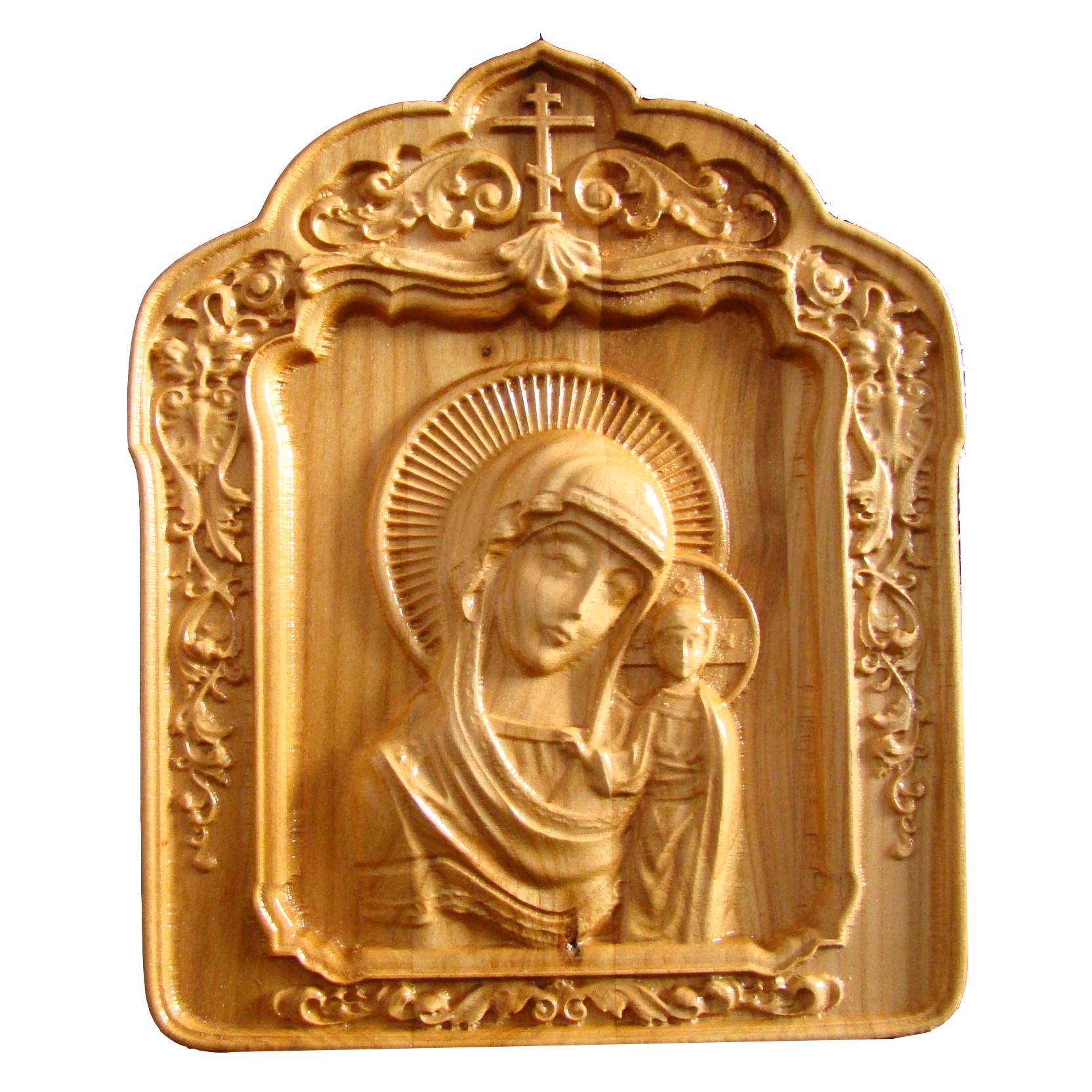 Icoana sculptata Maica Domnului cu Pruncul Iisus, lemn masiv, cires salbatic, 22x18,5 cm