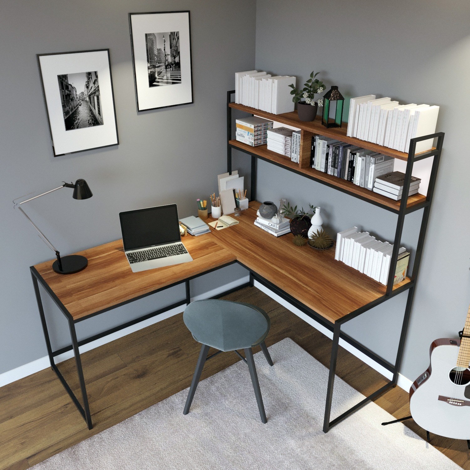 Birou stil industrial cu etajera culoare Nuc