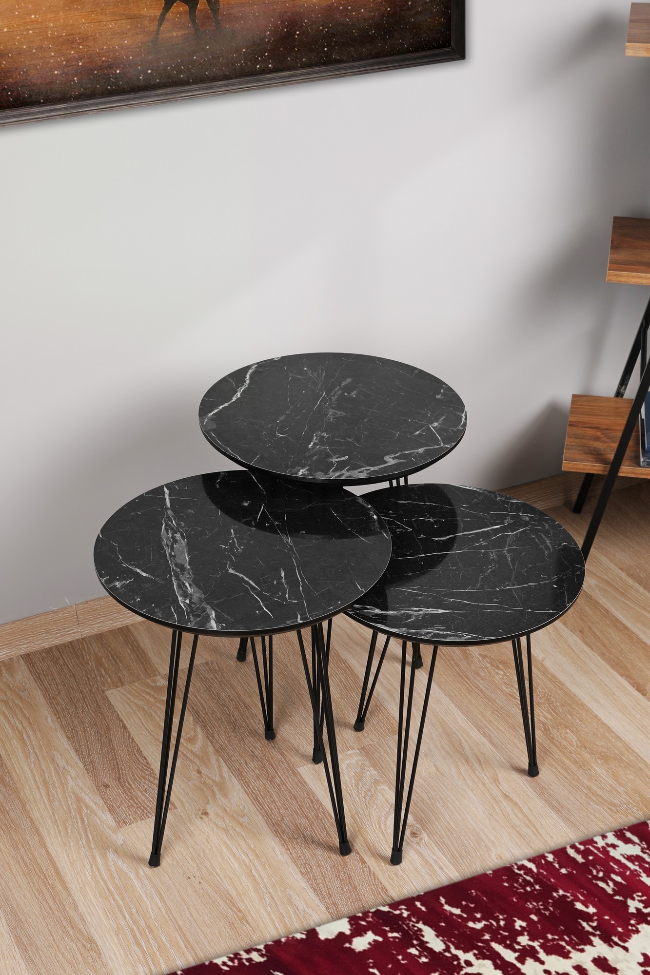 Set 3 masute cafea culoare gri si negru Zigon Sehpa