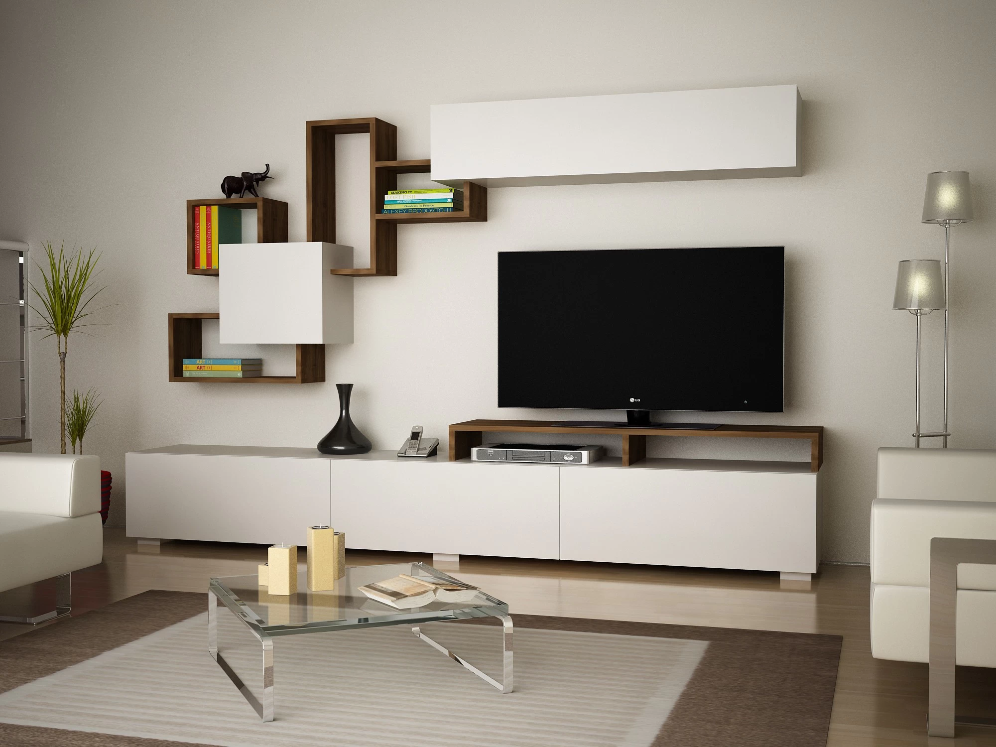 Mobila Living Comoda Rafturi si Dulapioare Elit - White Walnut