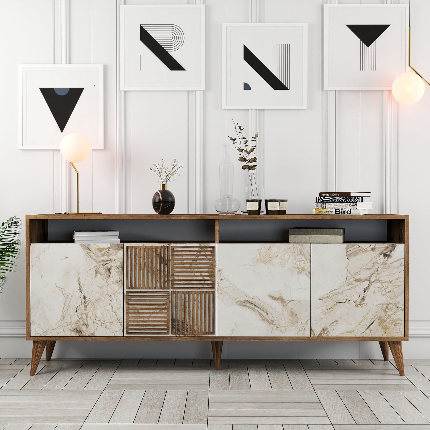 Dulap Tip Constola Milan - Walnut White Marble 180 X 78.6 X 35