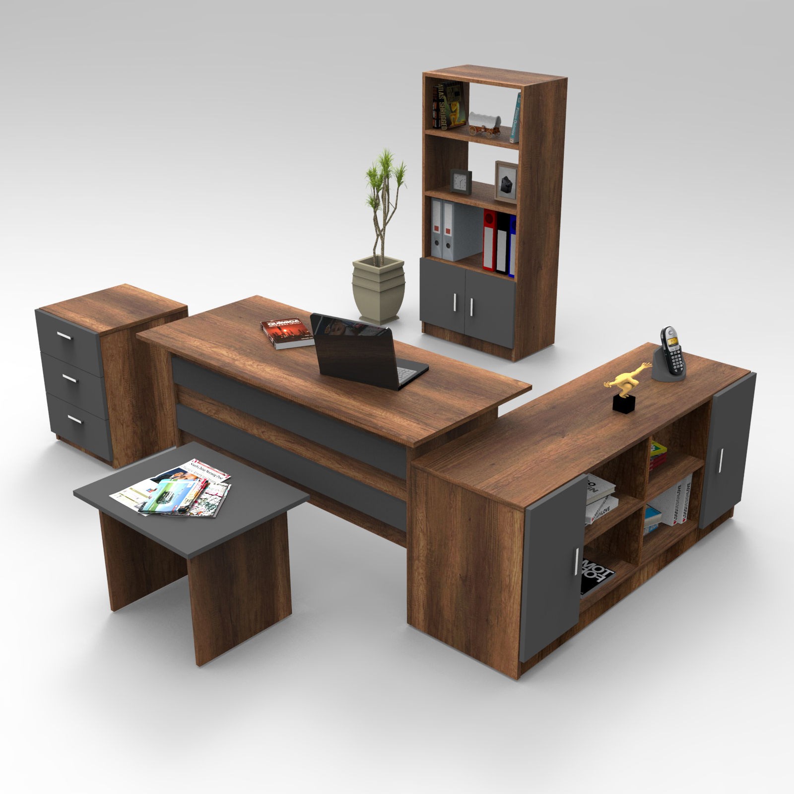 Set Mobila Pentru Birou 5 Piese VO15-BA Culoare Nuc si Antracit