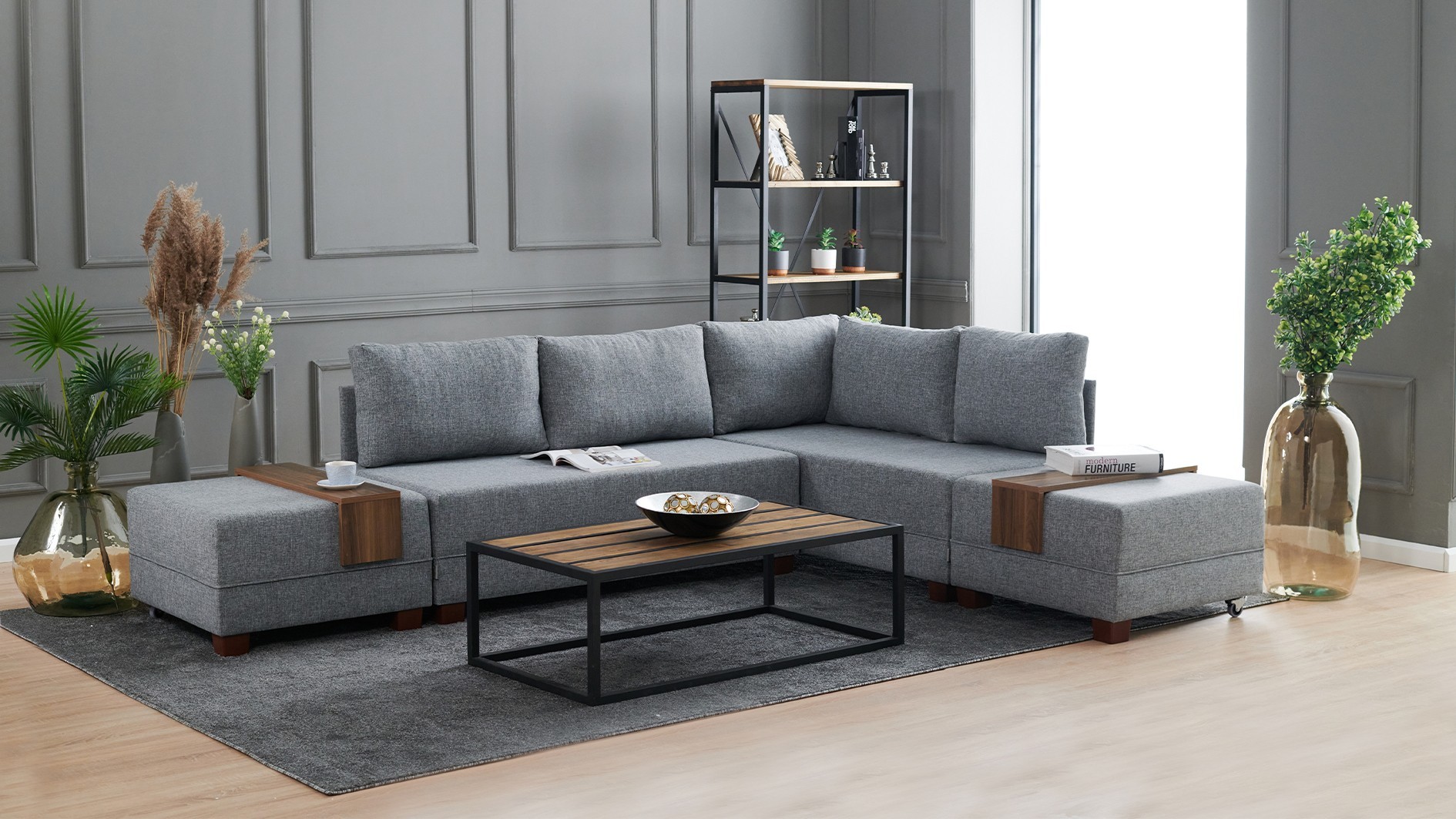 Canapea Tip Coltar cu Tabureti Fly Corner Sofa Bed Right- Grey