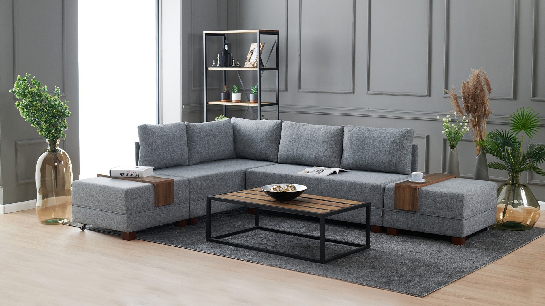 Canapea Tip Coltar Tapitat cu Tabureti Fly Corner Sofa Bed Left - Grey