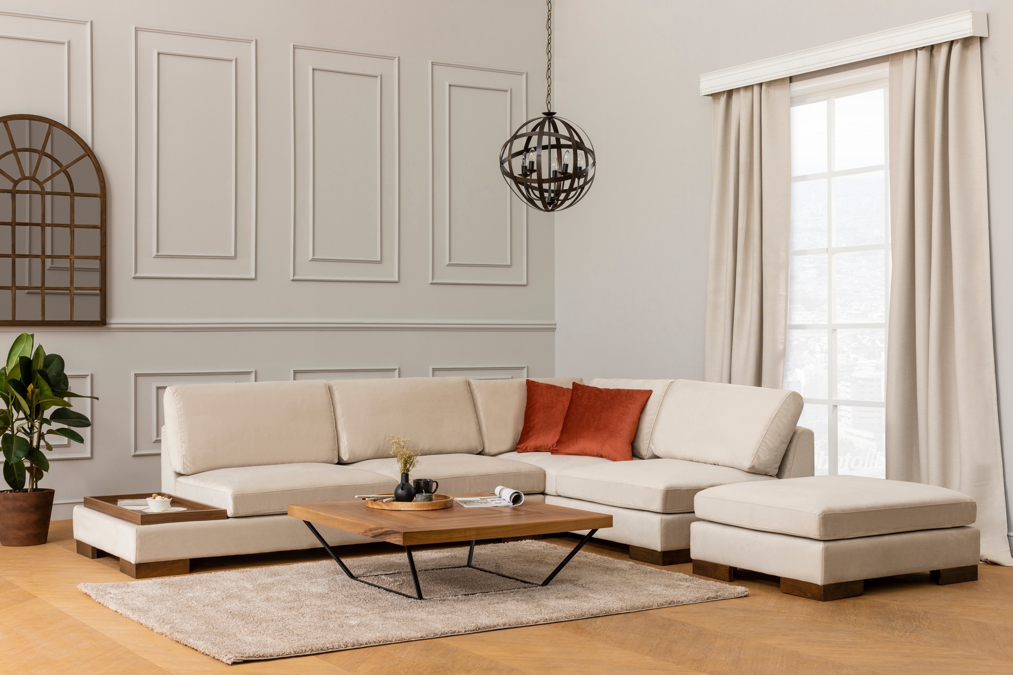Canapea Tip Coltar cu Taburet Tulip Corner Right With Pouf - Beige