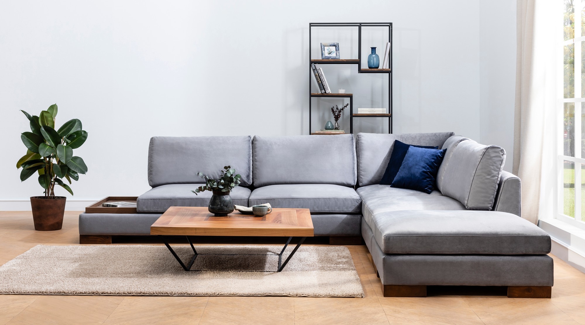 Canapea Tapitata Tip Coltar cu Suport Cafea si Taburet Tulip Corner Right With Pouf - Dark Grey