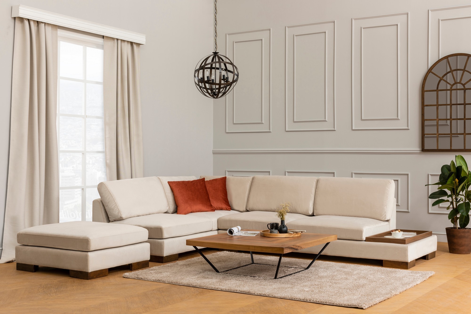 Canapea Tip Coltar cu Suport Cafea si Taburet Tulip Corner Left With Pouf - Beige