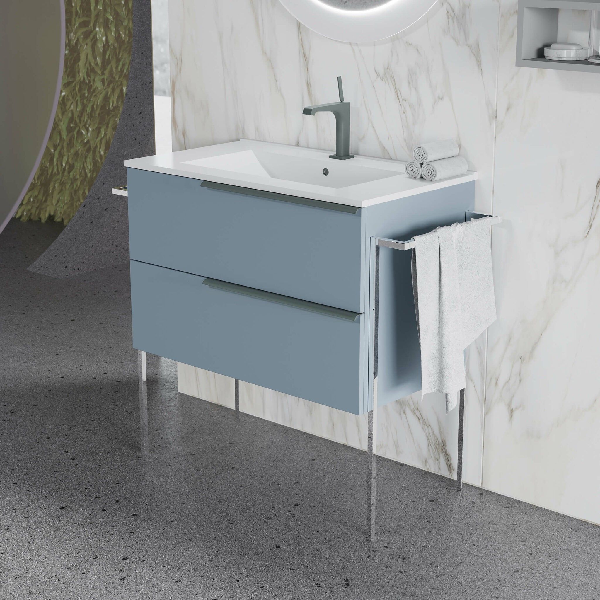 Set mobilier baza suspendata cu 2 sertare si lavoar ceramic 81 cm albastru pastel mat Oikos