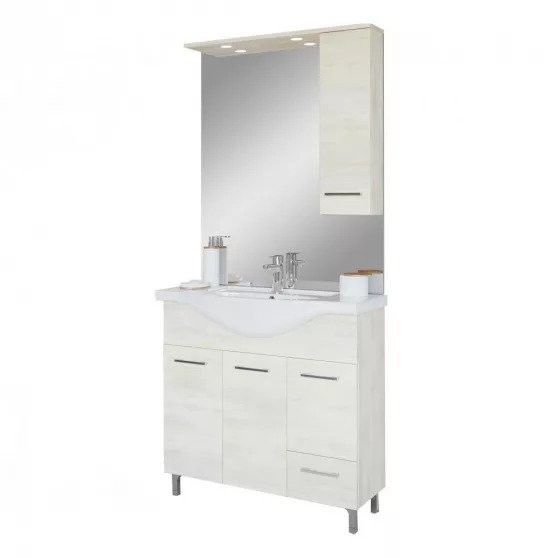 Baza cu 3 usi 1 sertar lavoar ceramic cm. 85 si oglinda cu dulapior rovere bianco