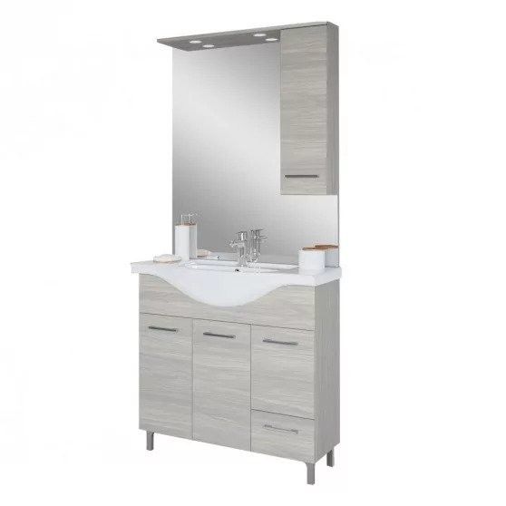 Baza cu 3 usi 1 sertar lavoar ceramic cm. 85 si oglinda cu dulapior rovere grigio