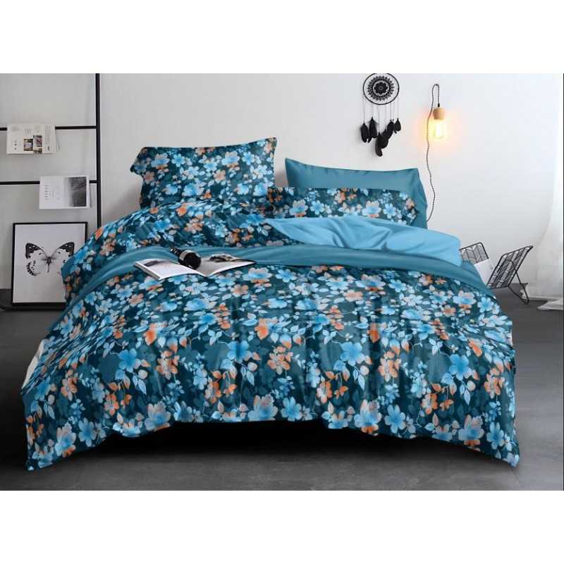 Lenjerie pat din bumbac satinat design modern cu model floral albastru