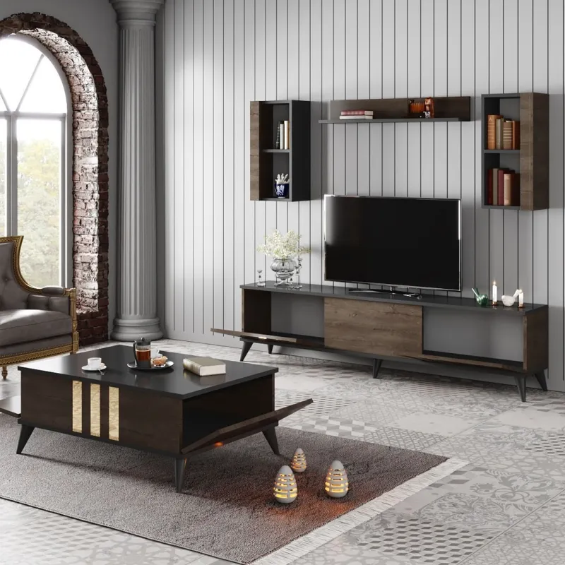 Set Mobilier Living 2 piese Gold Set - Anthracite, Walnut  - 2