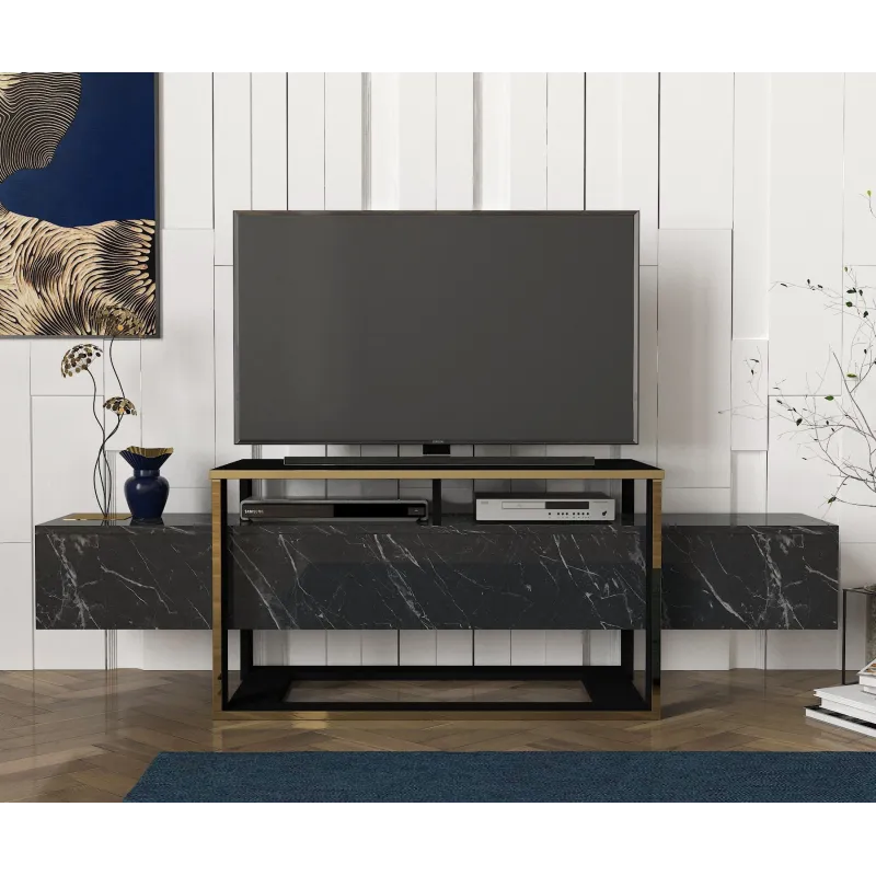 Comoda TV Bianco Negru cu Auriuiu 160 X 49.8 X 46.1  - 2