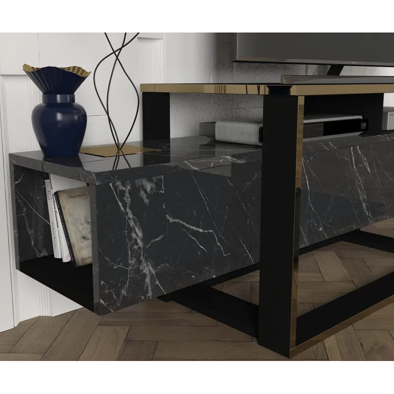 Comoda TV Bianco Negru cu Auriuiu 160 X 49.8 X 46.1  - 3
