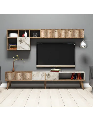 Mobilier Living Comoda si Rafturi Milan - Walnut, White Marble  - 1