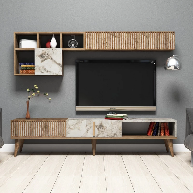 Mobilier Living Comoda si Rafturi Milan - Walnut, White Marble  - 1