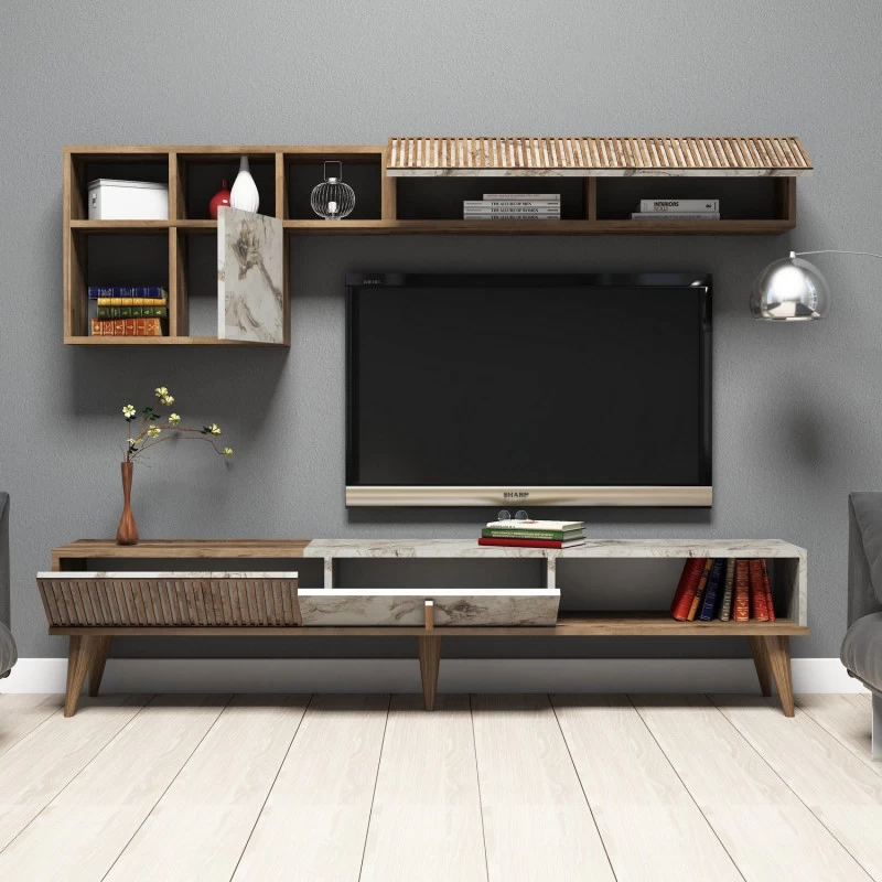 Mobilier Living Comoda si Rafturi Milan - Walnut, White Marble  - 2