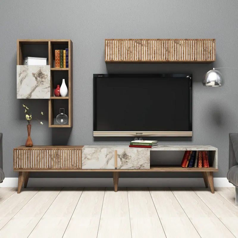 Mobilier Living Comoda si Rafturi Milan - Walnut, White Marble  - 3