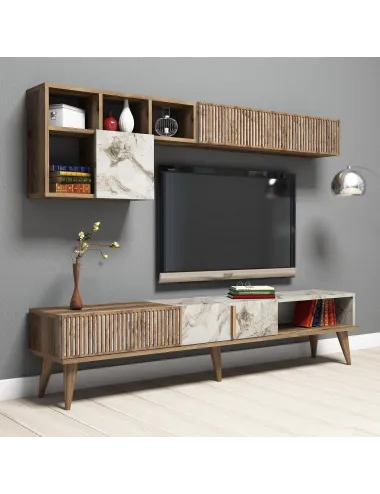 Mobilier Living Comoda si Rafturi Milan - Walnut, White Marble  - 4