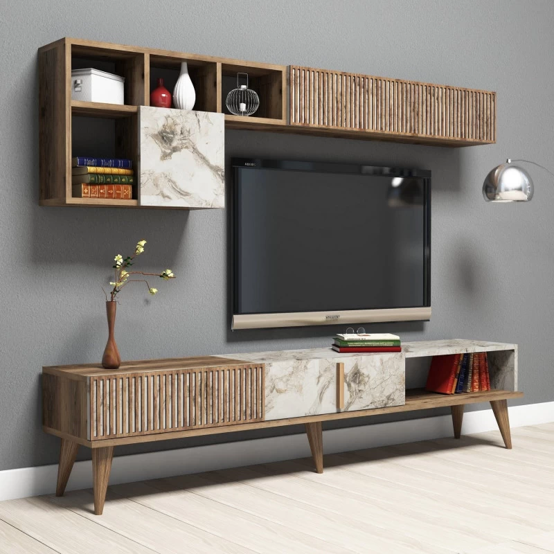 Mobilier Living Comoda si Rafturi Milan - Walnut, White Marble  - 4