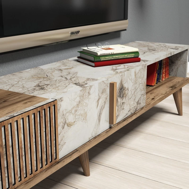 Mobilier Living Comoda si Rafturi Milan - Walnut, White Marble  - 5