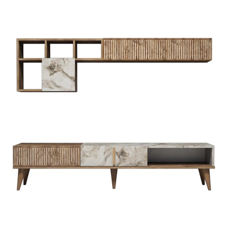 Mobilier Living Comoda si Rafturi Milan - Walnut, White Marble  - 6