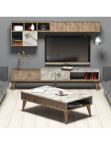 Set Mobilier Living Milan - Walnut, White Marble 3 bucati  - 1
