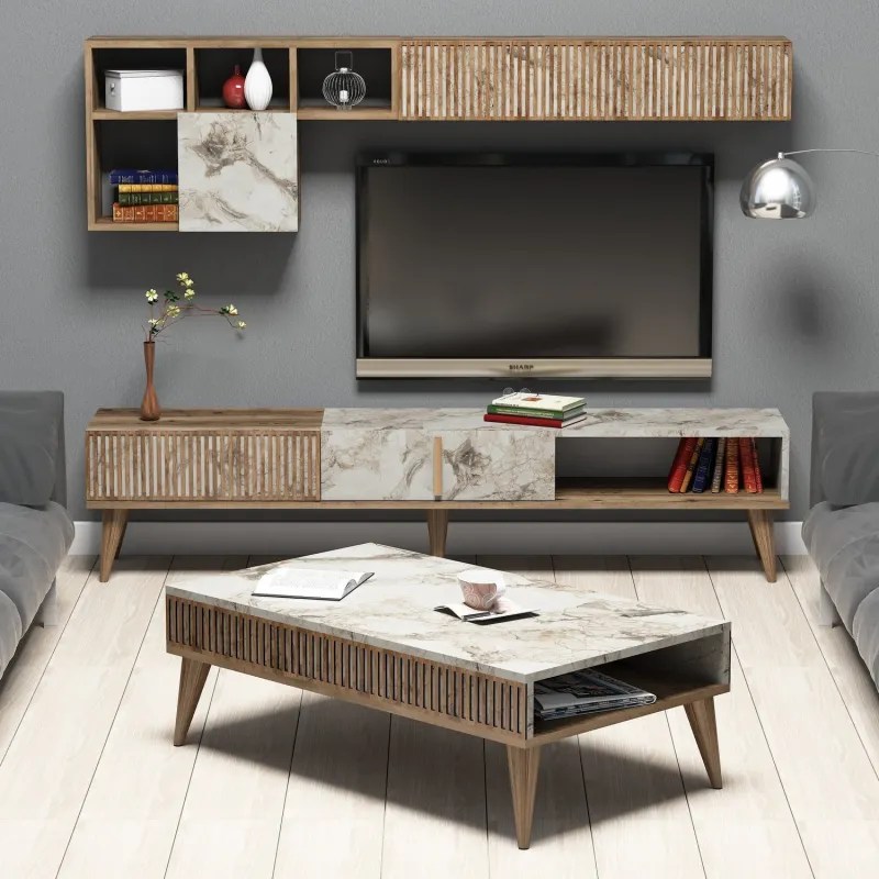 Set Mobilier Living Milan - Walnut, White Marble 3 bucati  - 1