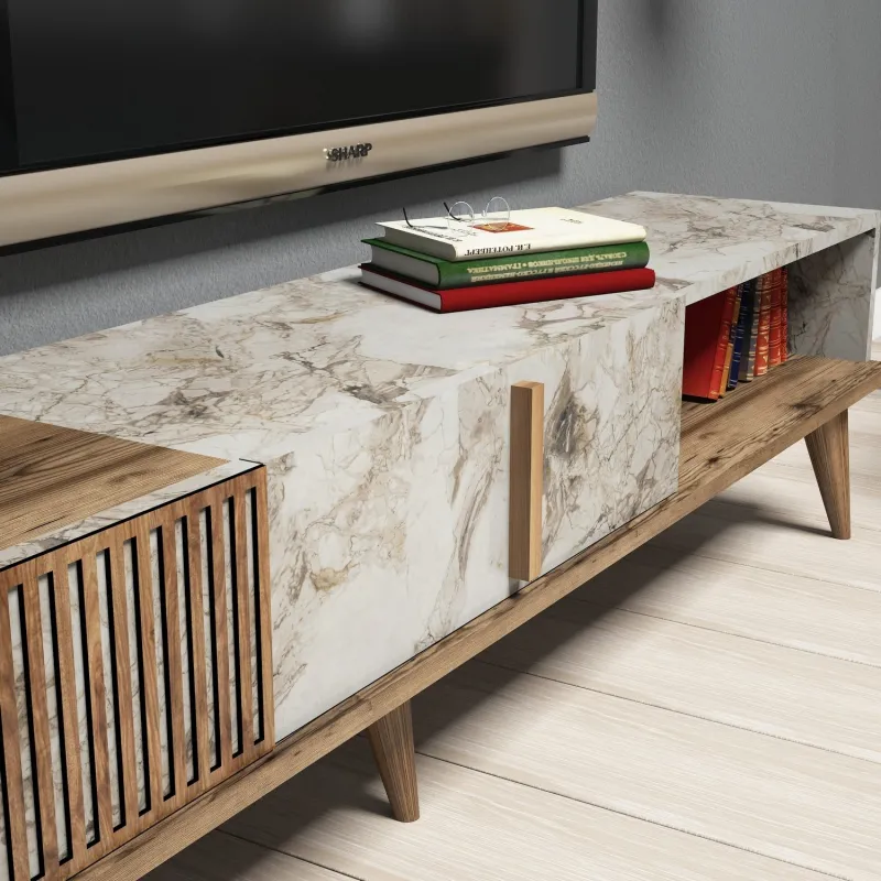 Set Mobilier Living Milan - Walnut, White Marble 3 bucati  - 3