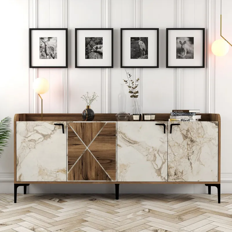 Dulap Tip Consola Venedik - Walnut, White Marble 180 X 78 X 35  - 1