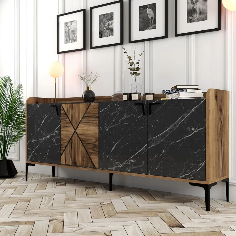 Dulap Tip Consola Venedik - Walnut, Black Marble 180 X 78 X 35  - 2