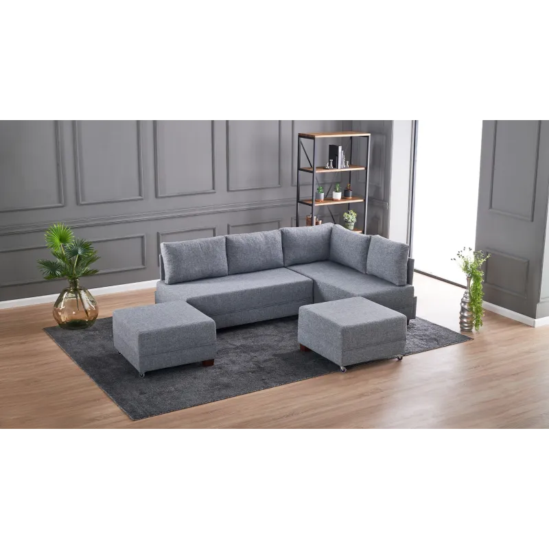 Canapea Tip Coltar cu Tabureti Fly Corner Sofa Bed Right- Grey  - 3