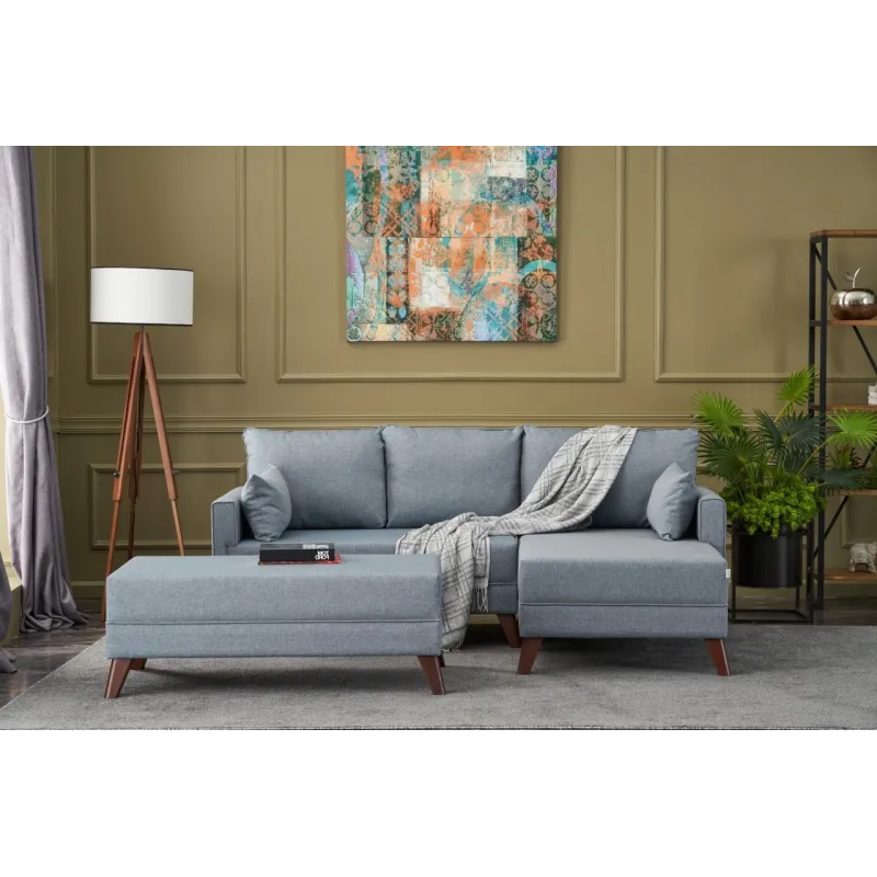 Canapea Tip Coltar cu Taburet Bella Soft Mini Köşe Right - Blue  - 1