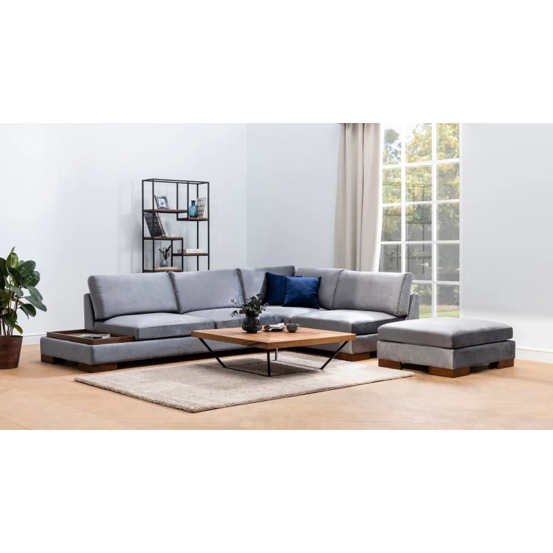 Canapea Tapitata Tip Coltar cu Suport Cafea si Taburet Tulip Corner Right With Pouf - Dark Grey  - 2