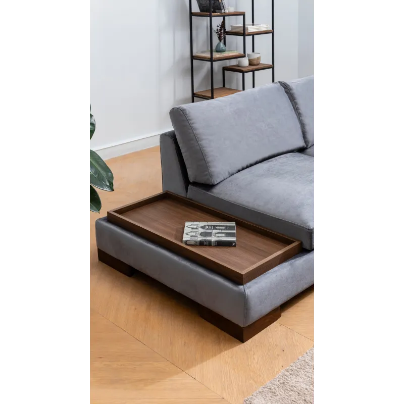 Canapea Tapitata Tip Coltar cu Suport Cafea si Taburet Tulip Corner Right With Pouf - Dark Grey  - 4