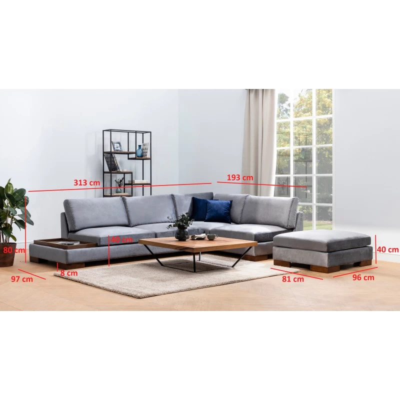 Canapea Tapitata Tip Coltar cu Suport Cafea si Taburet Tulip Corner Right With Pouf - Dark Grey  - 5