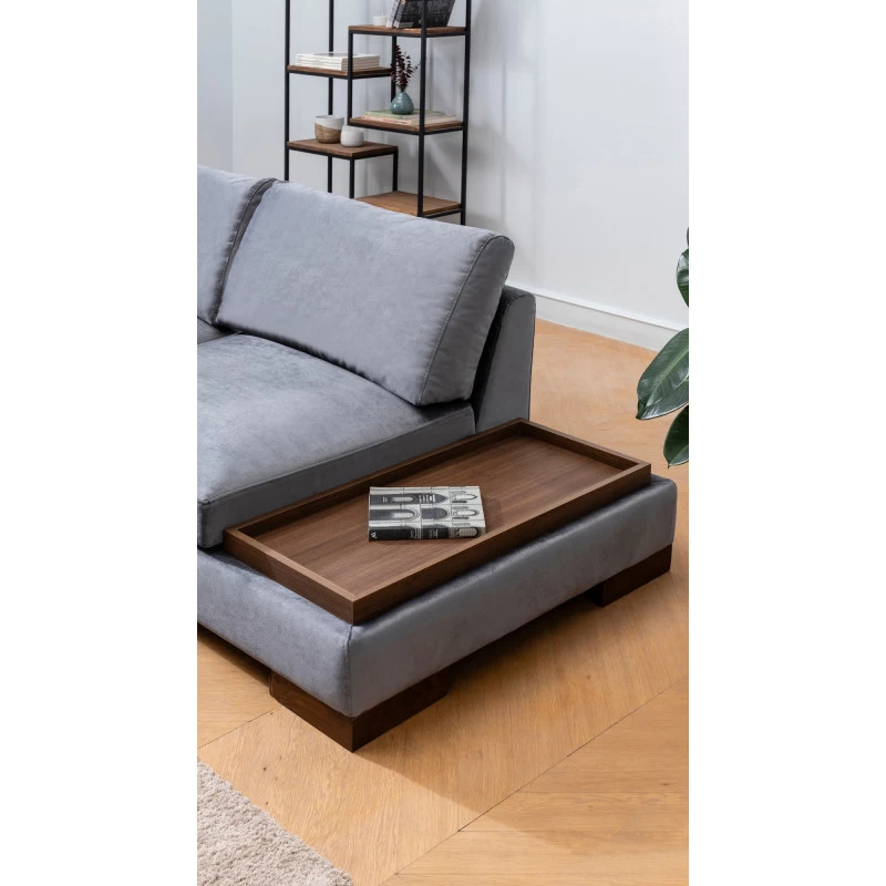 Canapea Tip Coltar Tapitat Cu Taburet si Suport Cafea Tulip Corner Left With Pouf - Dark Grey  - 4