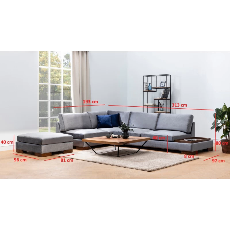 Canapea Tip Coltar Tapitat Cu Taburet si Suport Cafea Tulip Corner Left With Pouf - Dark Grey  - 5