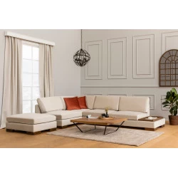 Canapea Tip Coltar cu Suport Cafea si Taburet Tulip Corner Left With Pouf - Beige - 1