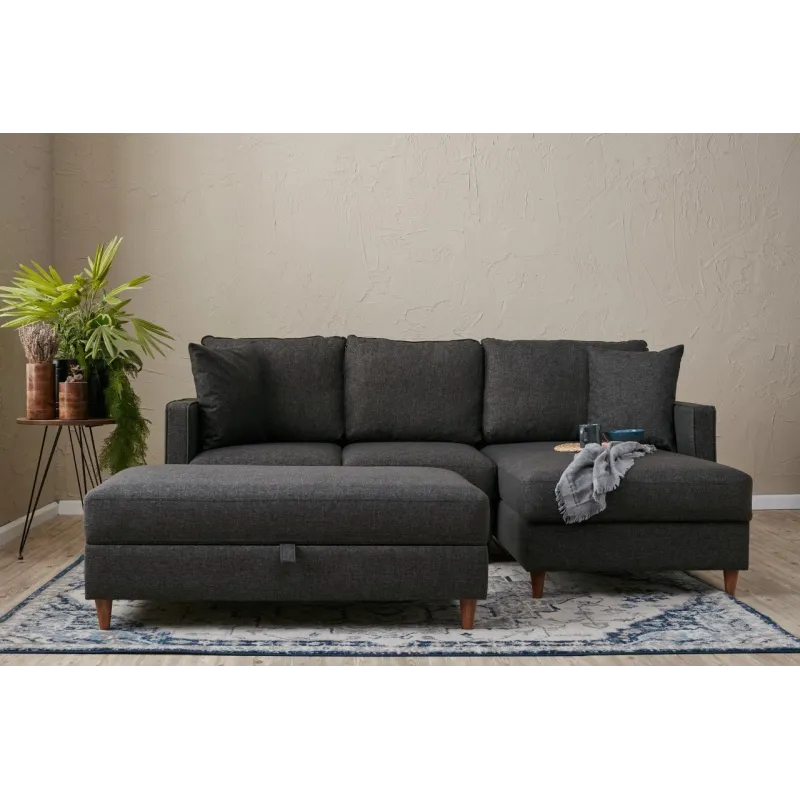 Canapea Tip Coltar Tapitat cu Taburet Eva Right - Anthracite  - 1