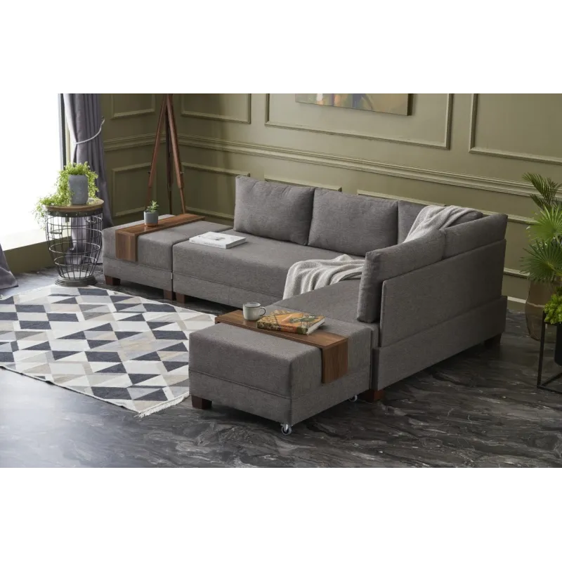 Canapea Tip Coltar cu Taburet Fly Corner Sofa Bed Right- Brown  - 2