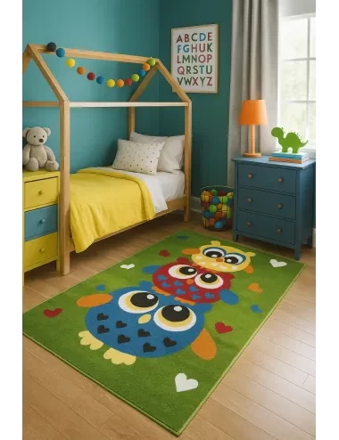 Covor pentru copii verde cu bufnite colorate