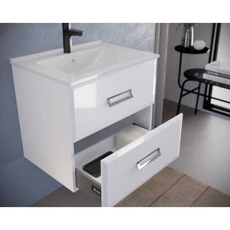 Mobilier baie, baza suspendata cu 2 sertare 61 cm, alb lucios, lavoar ceramic, Fly - 1