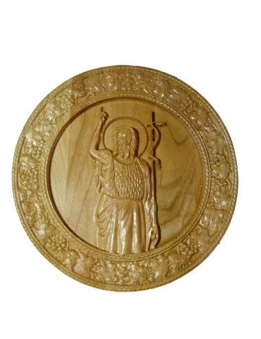 Icoana sculptata Sfantul Ioan Botezatorul, lemn masiv, cires salbatic, rama circulara vita-de-vie, diametru 19.5 cm - 1