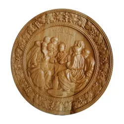 Icoana sculptata Cina cea de Taina, lemn masiv, rama circulara vita-de-vie, diametru 26 cm - 2