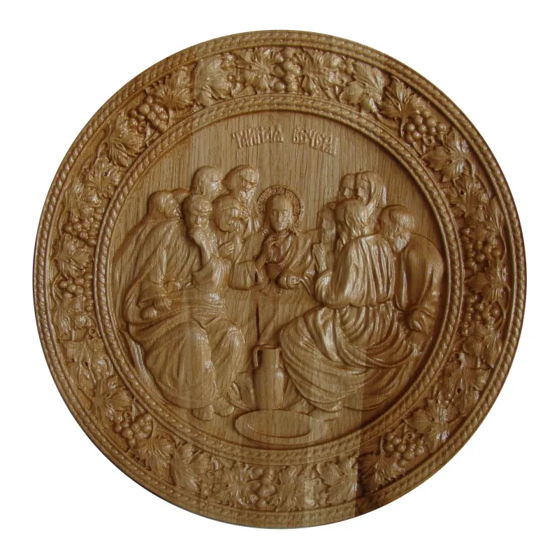 Icoana sculptata Cina cea de Taina, lemn masiv, rama circulara vita-de-vie, diametru 26 cm  - 3
