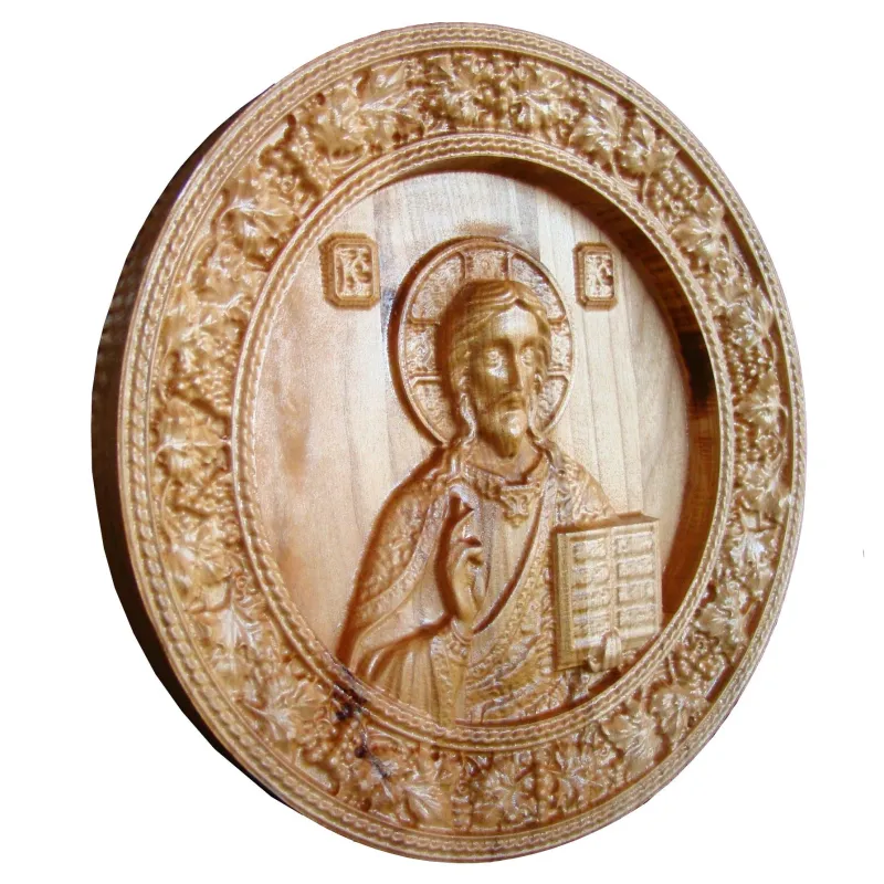 Icoana sculptata Iisus Hristos, rama circulara, Lemn, 19,5 cm  - 3