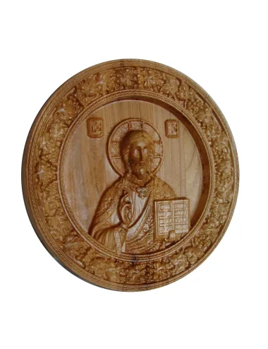 Icoana sculptata Iisus Hristos, rama circulara, Lemn, 19,5 cm  - 5